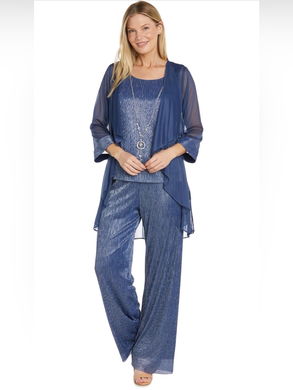 Crinkle Set Draped Chiffon Jacket, Sleeveless Top & Detachable Necklace-SIZE 16